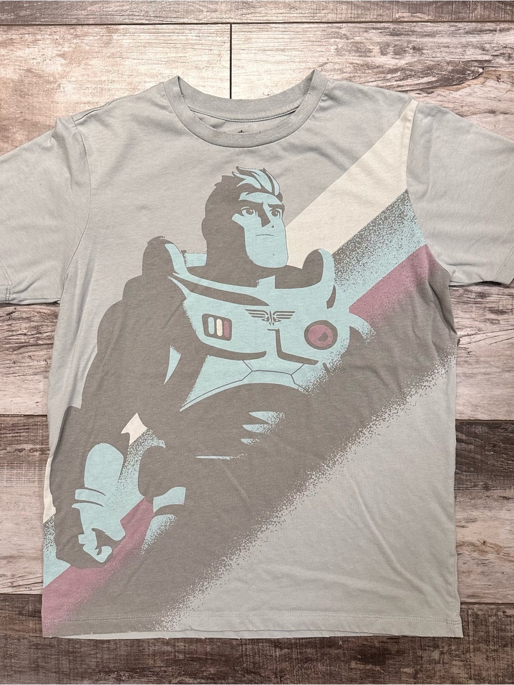 Disney Men's Light Gray Graphic Tee with Aqua and Mauve Retro Buzz Lightyear